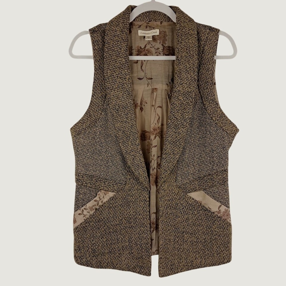 Coldwater Creek 6 Brown Tweed Pink Floral Mixed Media Vest Shawl Collar Boho